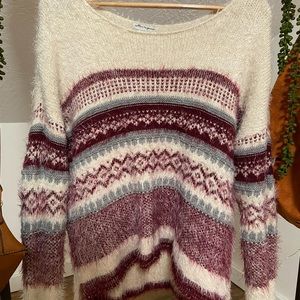 Fuzzy Red pink white and grey scoop neck sweater